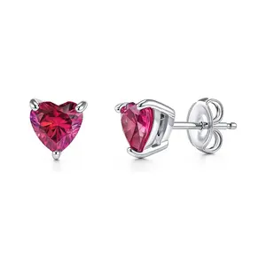 BERRICLE Sterling Silver Solitaire Heart Stud Earrings for Women, 1.4 Carat Red Heart Shaped Cubic Zirconia CZ