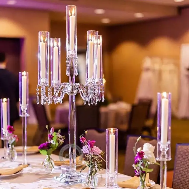 40” Tall 5 Arms Crystal Glass Candle Holder,Crystal Candelabra