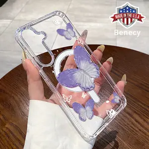 Magnetic Phone Case Supports Wireless Charging Case Compatible with Galaxy  S23 Ultra S24 Plus FE S25 S22+ Crystal Butterfly Theme Pattern Non-Yellowing Shockproof Clear Slim Protective Softcase Transparent Acrylic Large Hole Cover