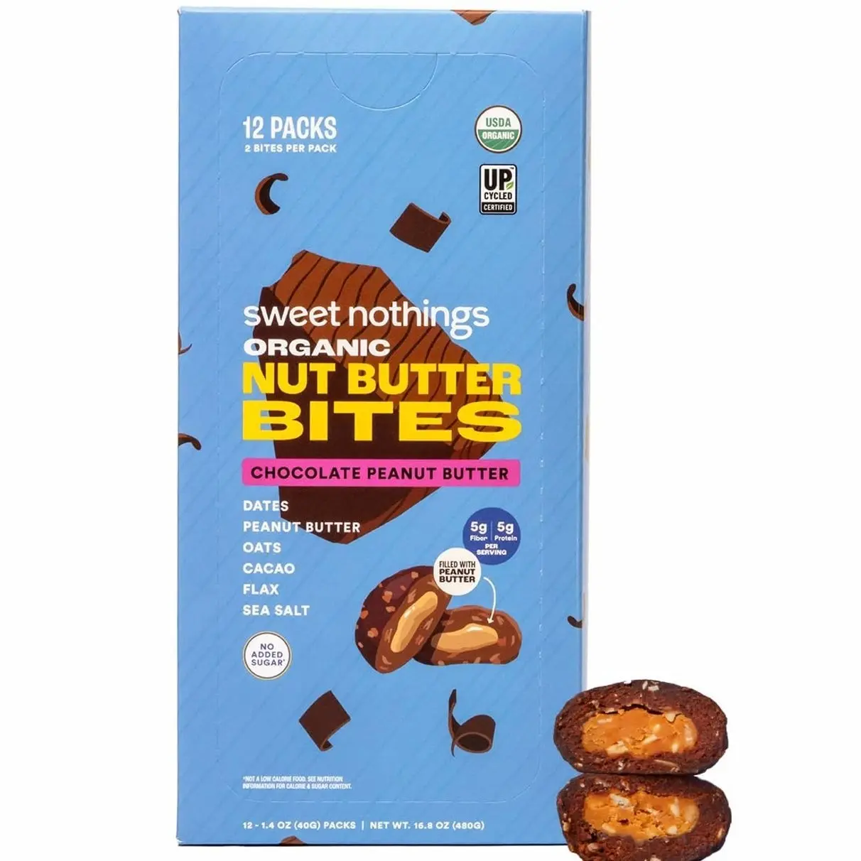 Sweet Nothings, Chocolate, USDA Organic Nut Butter Bites Protein Bar, Nut & Date Snack, Filled with Peanut Butter, 12-2 Bite Value Packs - No Added Sugar, Good Source of Fiber, Only 7 Ingredients