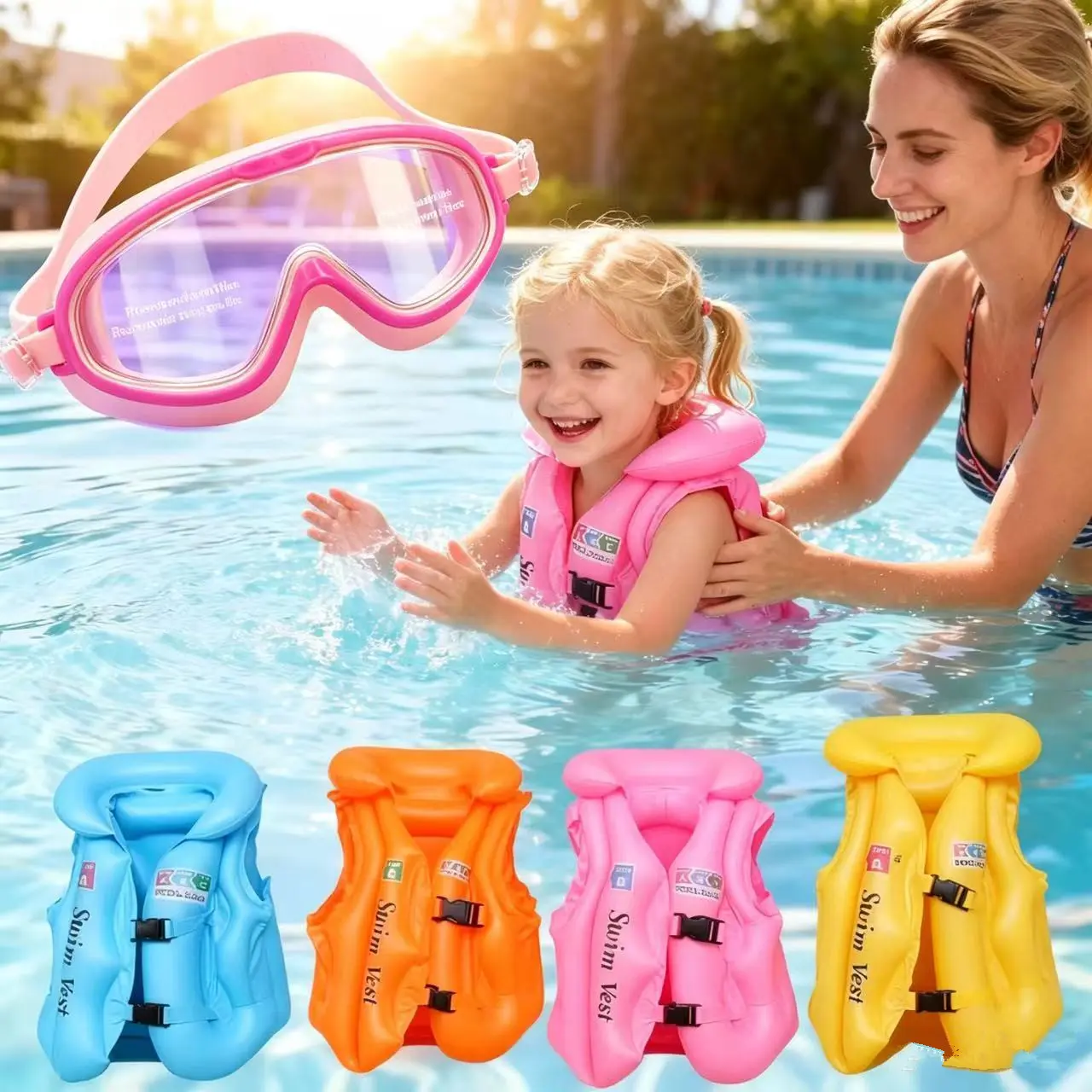 Children's Inflatable Swimming Safety Float Vest - Baby Swim Learning Buoyancy Vest with 3 Airbags, 2 Adjustment Buckles, and Bonus Swimming Goggles, Float Vest Swimming Goggles