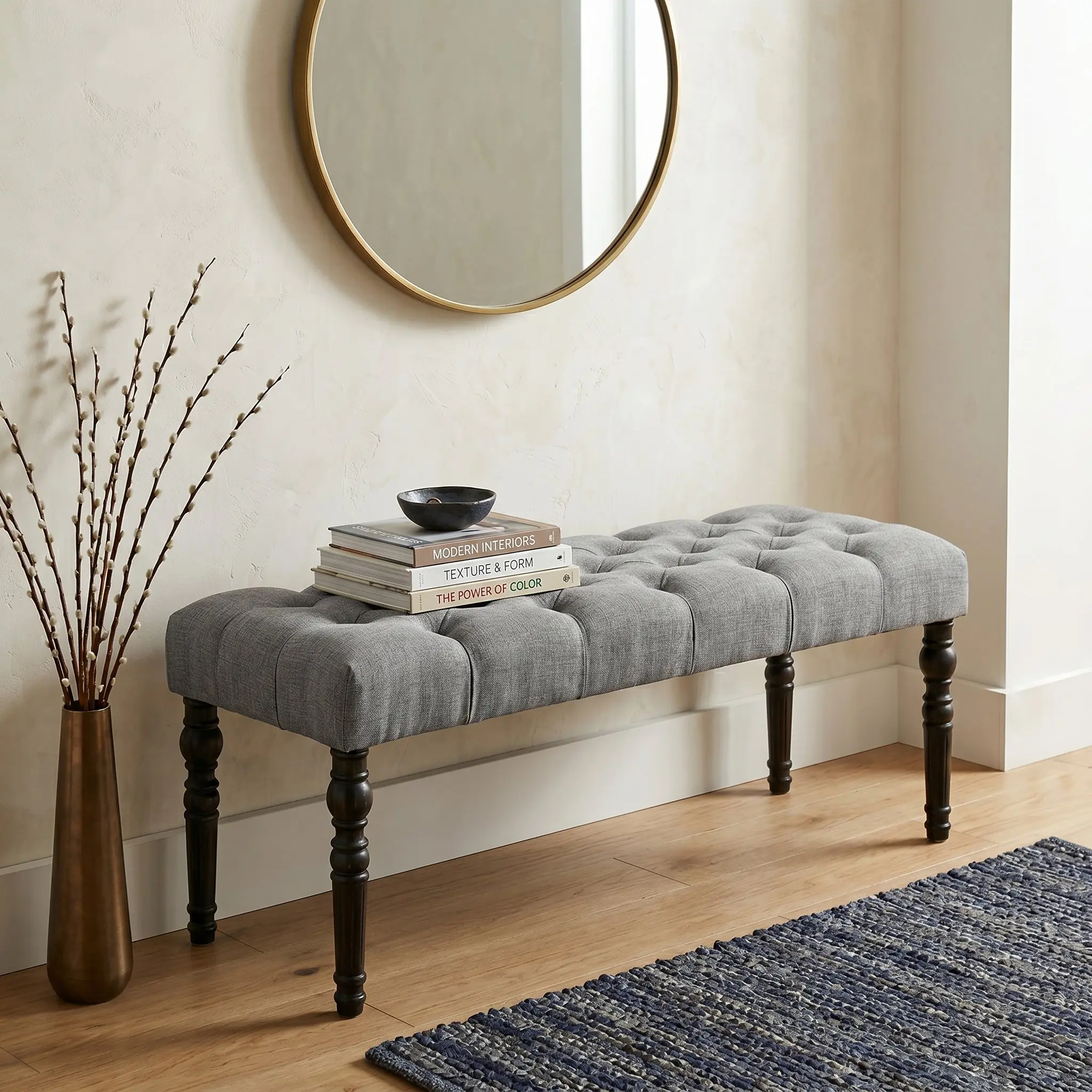 Leviton Fabric Tufted Turned Leg Dining Bench, Gray