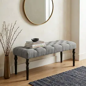 Leviton Fabric Tufted Turned Leg Dining Bench, Gray