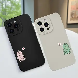 High-end Fashion Creative Simple Cute Little Dinosaur Couple Pattern Trendy Hot Selling Men Women Matte Texture Anti-Fall Mobile Phone Case Comfortable Grip iPhone17/16/15/14/13/12/11Pro Max Cellphone Smartphone Milk Apricot & Cool Black Color Protection