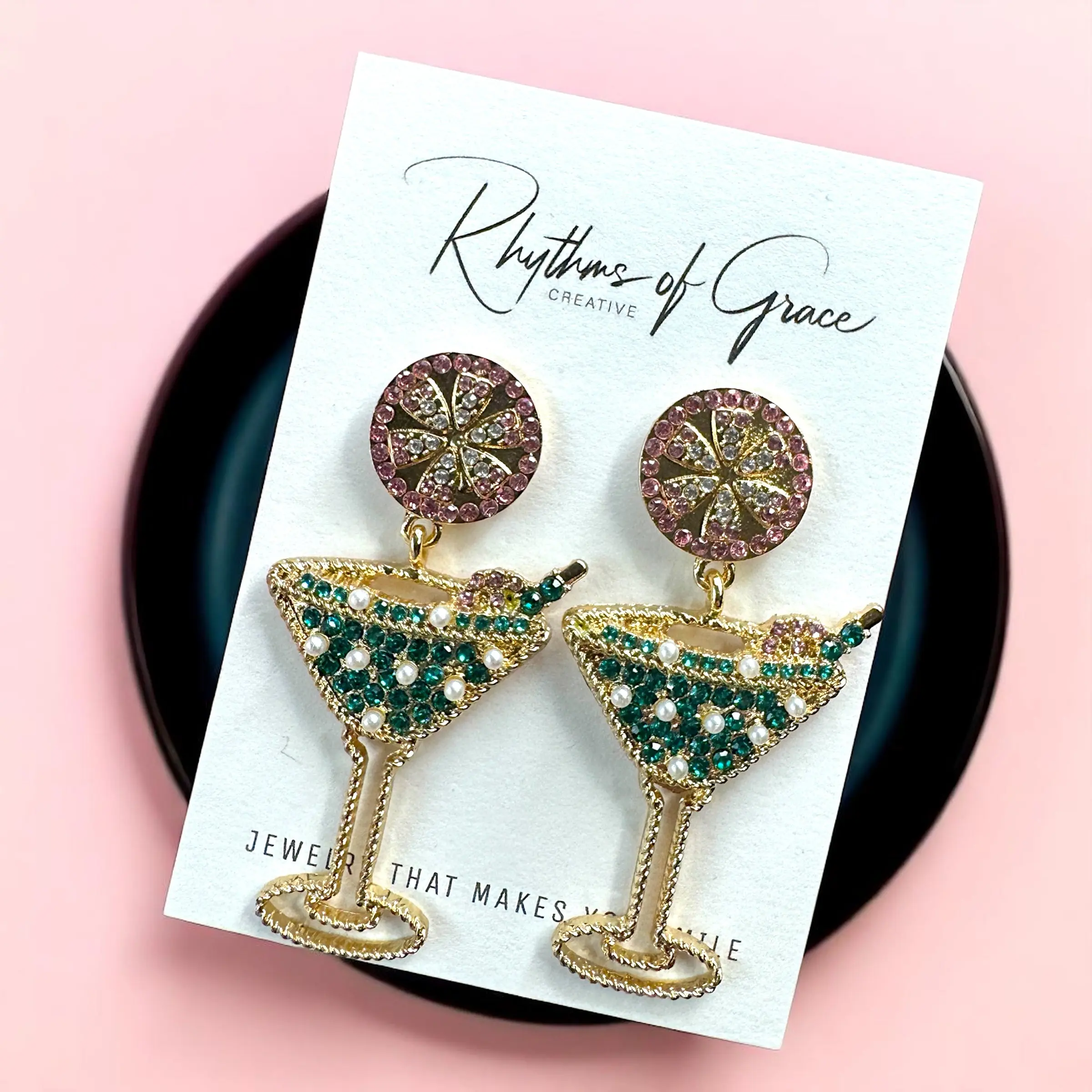 Sparkling Emerald & Pink Martini Dangle Earrings - Glamorous Statement Jewelry