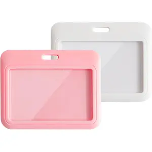 2 Pack ID Badge Holder, White and Pink ID Card Holder, Horizontal Sliding Plastic Key Card Holder for Office, School, Factory, Teachers & Students