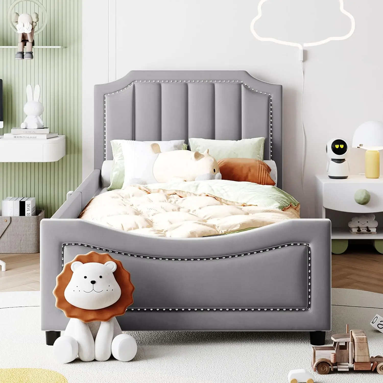 Velvet Upholstered Daybed Sofa Bed (Twin/Double Size) with Classic Stripe Headboard, Wood Slat Support, Fire Safety Label, No Box Spring Needed, Easy Assembly, Grey - Upholstered Bed Frames for Modern Bedroom