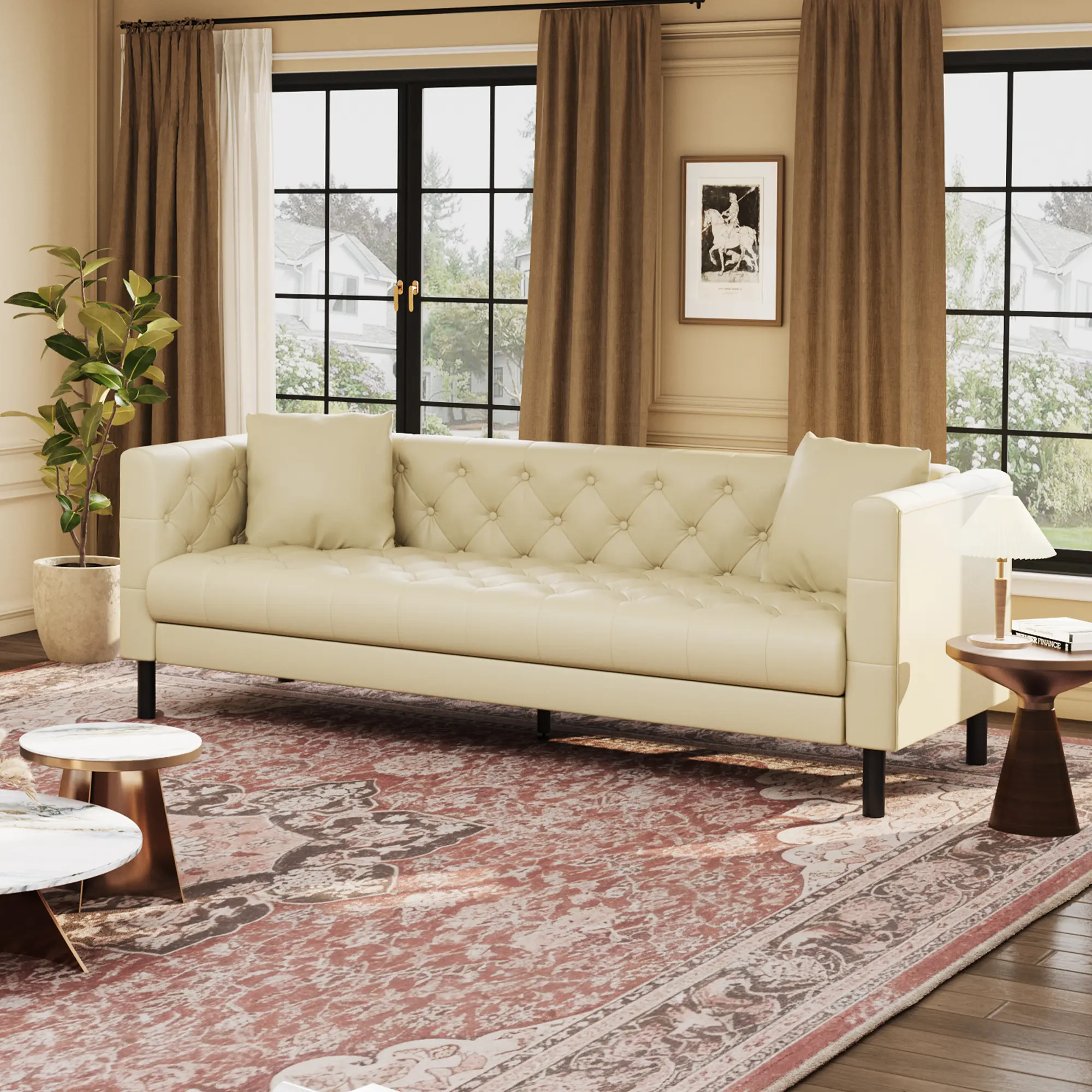 Mid-Century Modern 3-Seater Faux Leather Chesterfield Couch, Deep Seat Button Tufted Rolled Arms Comfy Sofa, Upholstered Living Room Piece with 2 Free Throw Pillows, Assembly Required for Apartment Home Office