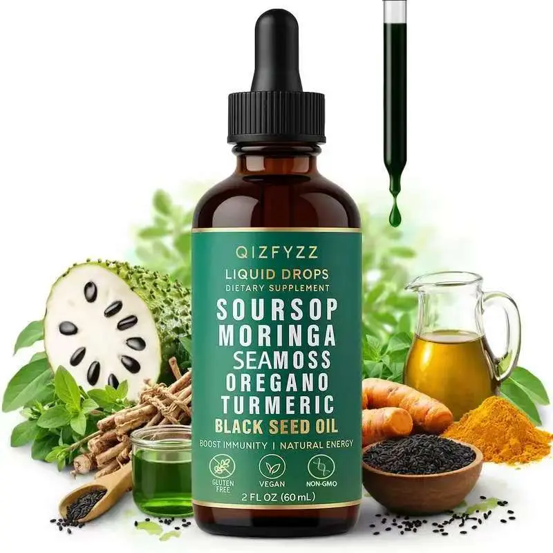qizfyzz 10-in-1 Soursop Bitters Herbal Drops with Nori, Moringa, Turmeric, Oregano, Ashwagandha & Black Seed Oil | Vegan, Non-GMO Liquid Supplement | 2 fl oz