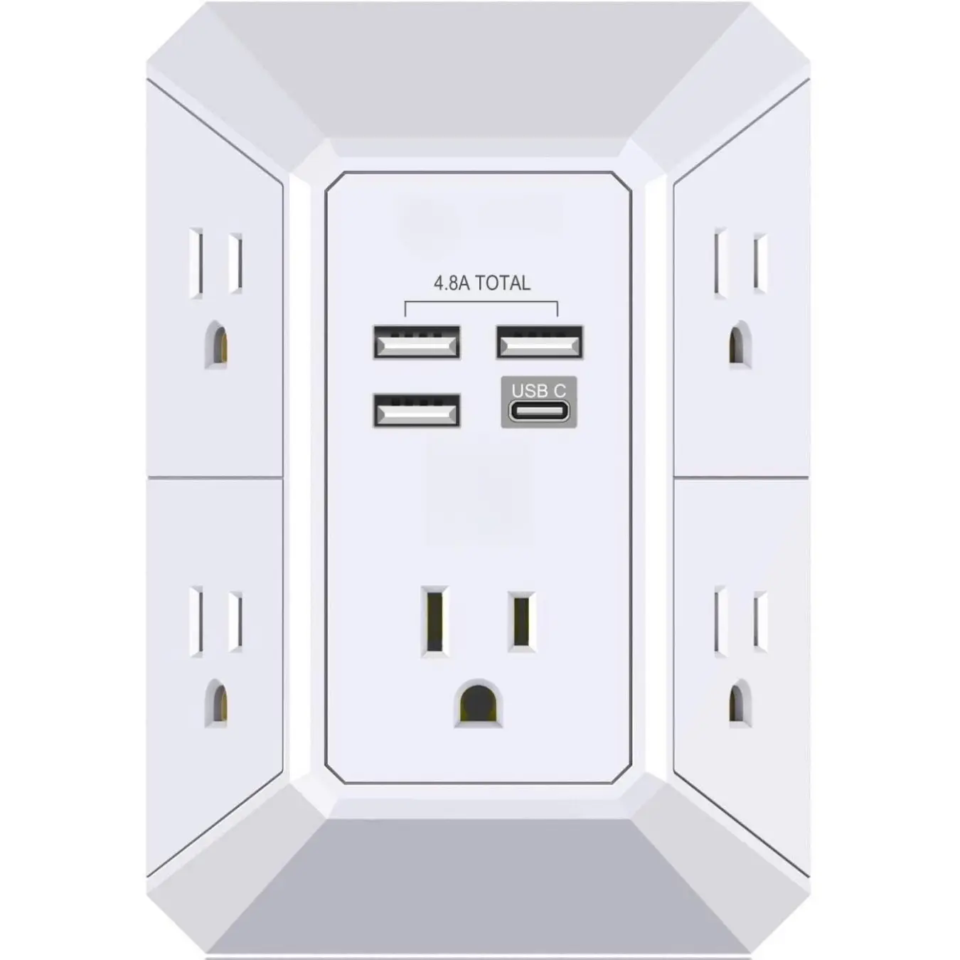 Wall Charger, Surge Protector, 5 Outlet Extender with 4 USB Charging Ports (4.8A Total) 3-Sided 1680J Power Strip Multi Plug Adapter Spaced for Home Travel Office (3U1C) Socket Saver