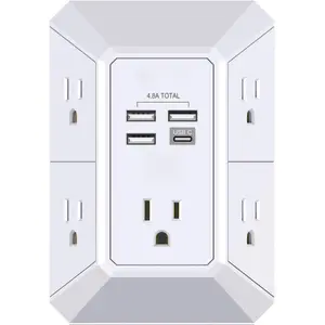 Wall Charger, Surge Protector, 5 Outlet Extender with 4 USB Charging Ports (4.8A Total) 3-Sided 1680J Power Strip Multi Plug Adapter Spaced for Home Travel Office (3U1C)
