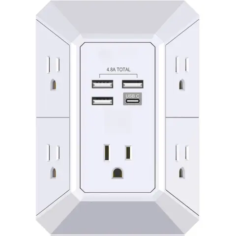 Wall Charger, Surge Protector, 5 Outlet Extender with 4 USB Charging Ports (4.8A Total) 3-Sided 1680J Power Strip Multi Plug Adapter Spaced for Home Travel Office (3U1C) Socket Saver