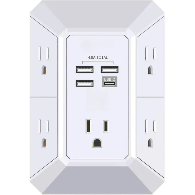 Wall Charger, Surge Protector, 5 Outlet Extender with 4 USB Charging Ports (4.8A Total) 3-Sided 1680J Power Strip Multi Plug Adapter Spaced for Home Travel Office (3U1C) Socket Saver