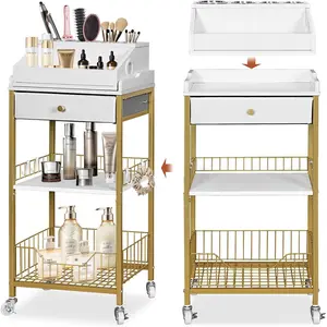 Makeup Organizer Cart with Drawer, 2-in-1 Rolling Organizer Cart with Hair Tool Holder, for Skincare, Perfume, Nail Polish, Cosmetics, Gold Finish