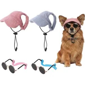 2 Set Medium  Baseball Hat with Ear Holes and Pet Sunglasses for Beach,  Baseball Cap Puppy Sun Hats for Medium Dogs (, Blue)