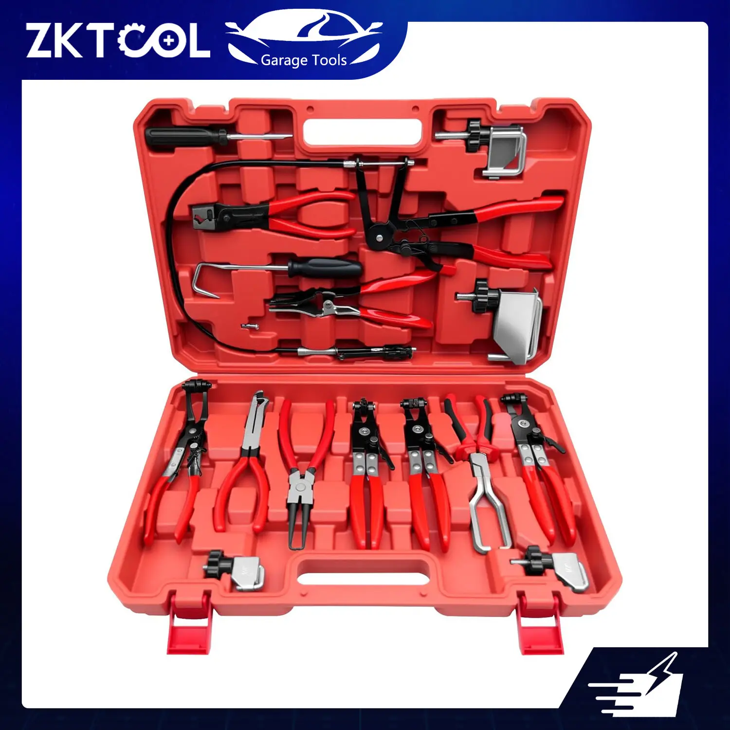 ZKTOOL 16PCS Universal Auto Clip Pliers Set - Professional Automotive Repair Tools with 24" Flex Wire, Locking Ratchet, Ergonomic Non-Slip Vinyl Handle for Easy Hose Removal