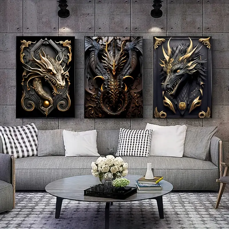 3pcs Artistic Vintage Canvas Poster Set - Abstract Black and Golden Dragon Painting - Rimless Printed Wall Art (40cm*60cm) for Bedroom, Living Room, Room Decor