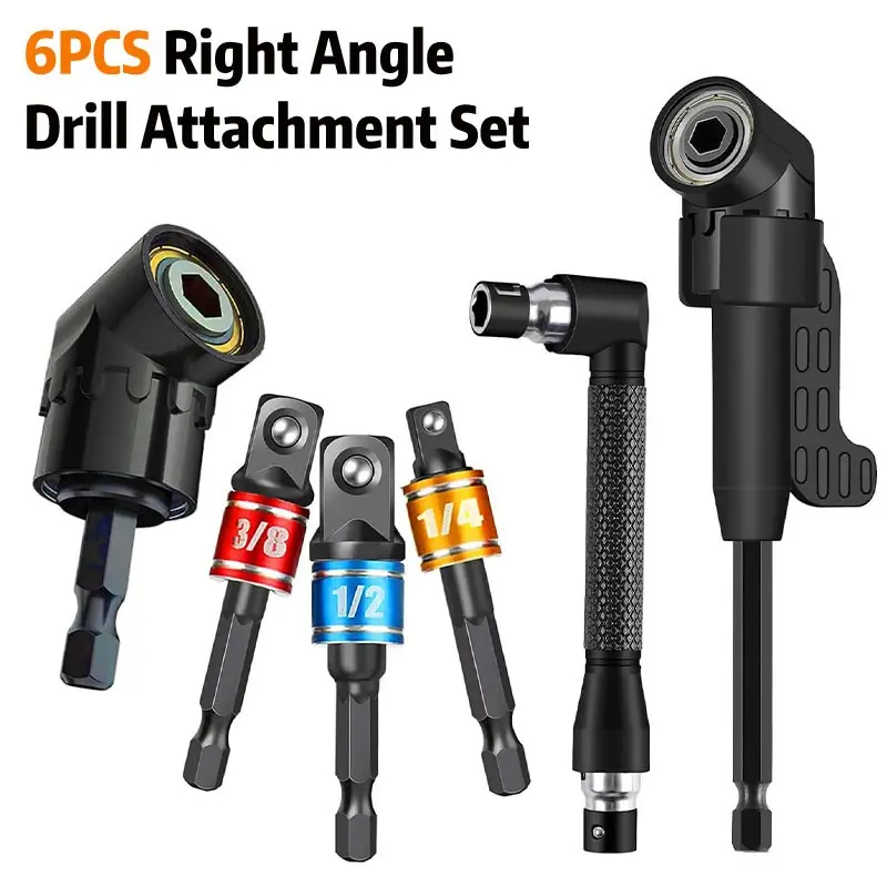 6 Piece Right Angle Drill Bit Set, 3 Rotating Sockets 1/4 3/8 1/2, Hex Shank Adapters, 90 Degree Bevel Drill Bits, Durable Steel Construction, Power Tool Accessories