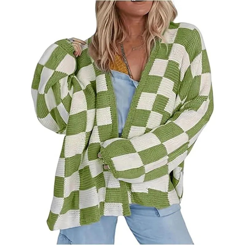 Women's Plus Size Plaid Print Drop Shoulder Longsleeves Open Front Knit Cardigan, Casual Fall & Winter Daily Wear Black Womenswear Top, Knitting Knitwear Fitted