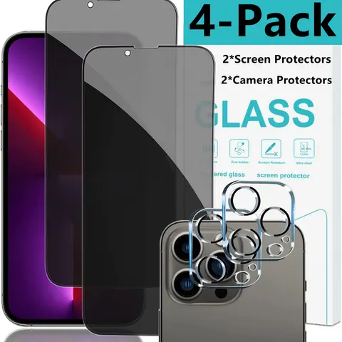 2Pcs Privacy Screen Protectors +2Pcs Camera Lens Protectors for iPhone Duo 18 Pro Max 18 17 16 15 14 13 12 11, 9H Anti Spy Tempered Glass Film Protection Flash