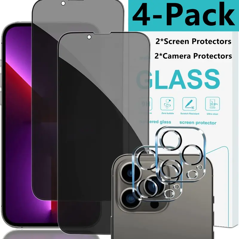 2Pcs Privacy Screen Protectors +2Pcs Camera Lens Protectors for iPhone Duo 18 Pro Max 18 17 16 15 14 13 12 11, 9H Anti Spy Tempered Glass Film Protection Flash