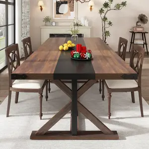 71inch/78inch/94inch Farmhouse Dining Table for 5 6 8 10 People Rectangular Kitchen Table W/Thickness Waterproof Wood Grain Tabletop 6FT Large Rustic Dinner Table W/Adjustable Leg for Dining Living Room (Brown&black/Brown/Oak)