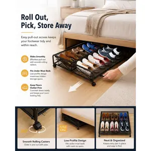 Under-bed Shoes Rack with Wheels, Movable Shoe Storage Shelf, Metal Mesh Dust-proof and Breathable, Space-saving Organizer for Dormitory and Bedroom (DM126)
