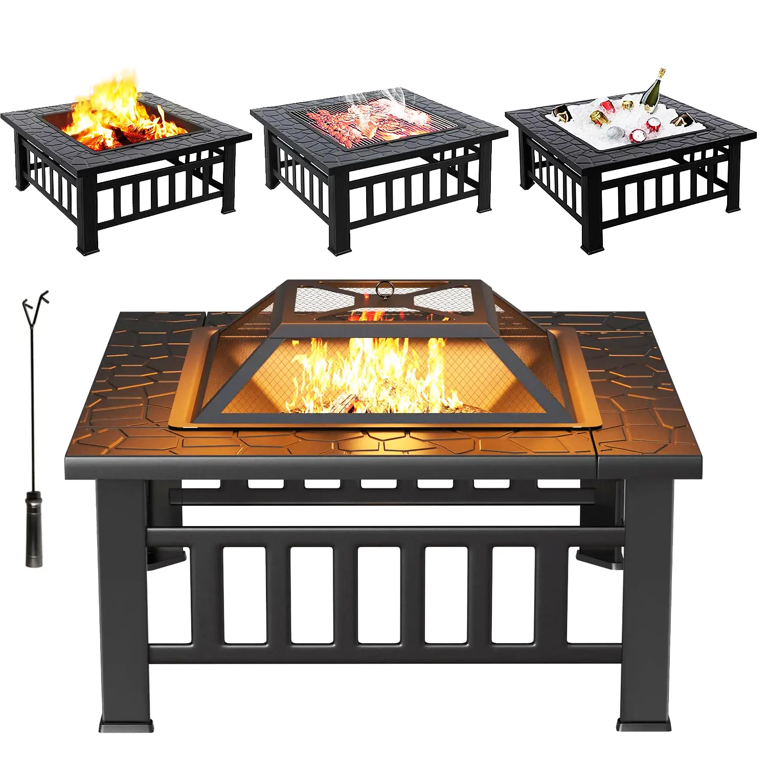 32in Square Metal Multifunctional Wood Fire Pit Table - Outdoor Firepit Stove for Backyard Patio, Camping, Outdoor Heating