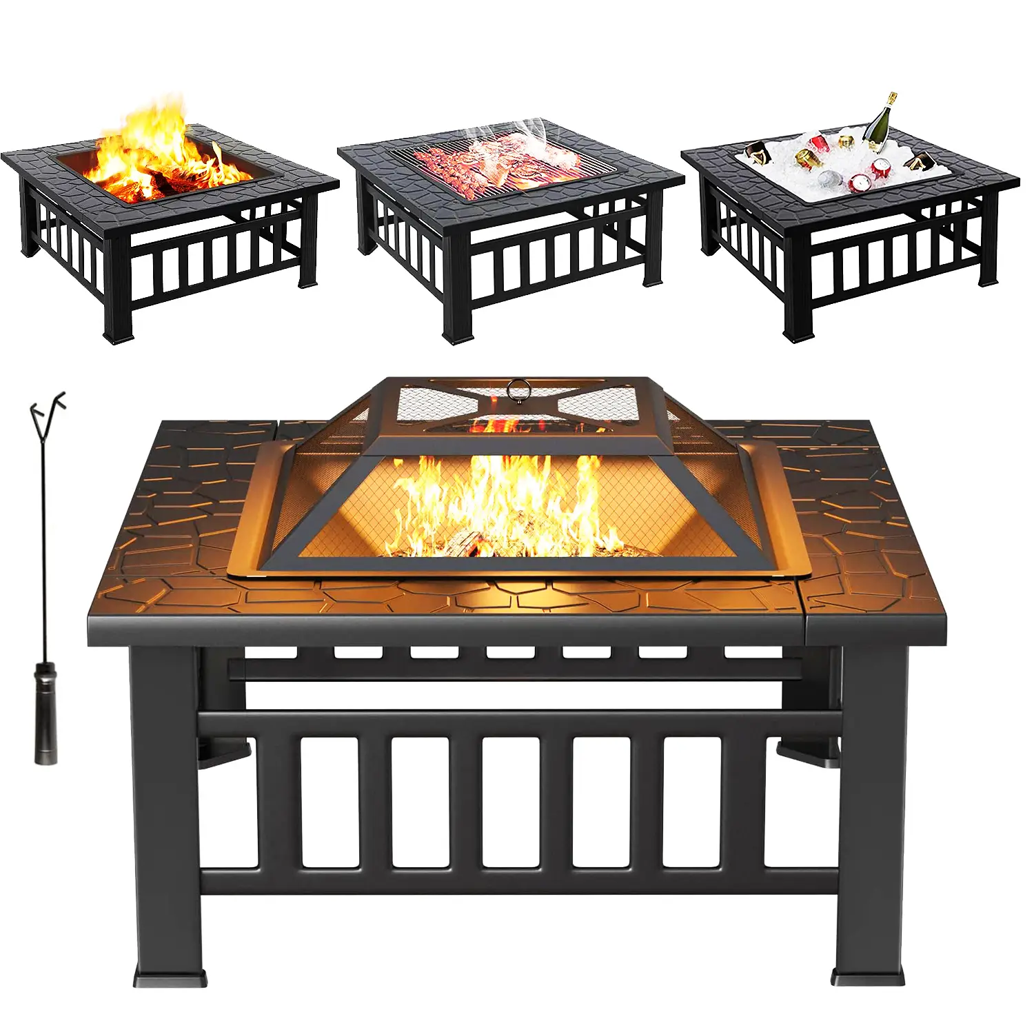 Multifunctional Fire Pit Table 32in Square Metal Firepit Stove Backyard Patio Garden Fireplace for Camping, Outdoor Heating, Bonfire and Picnic