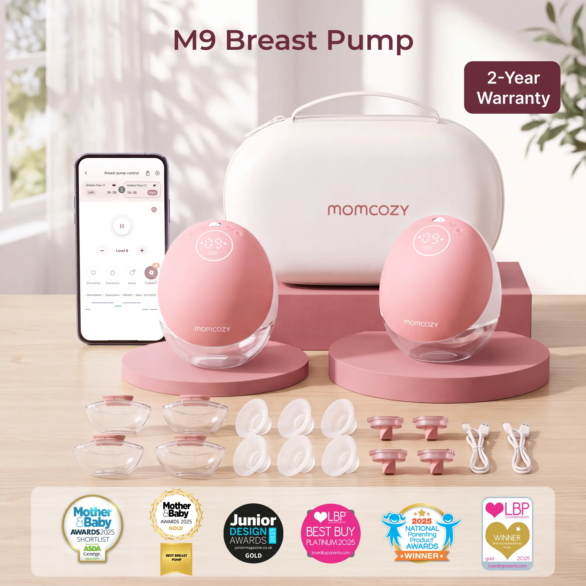 Momcozy  Breast Pump Hands Free Upgraded Mobile Flow | M9, App Discreet Control with Personalized Multi-Modes & 15 Levels, Wearable Breast Pump 24mm, 2 Pack Cozy Red