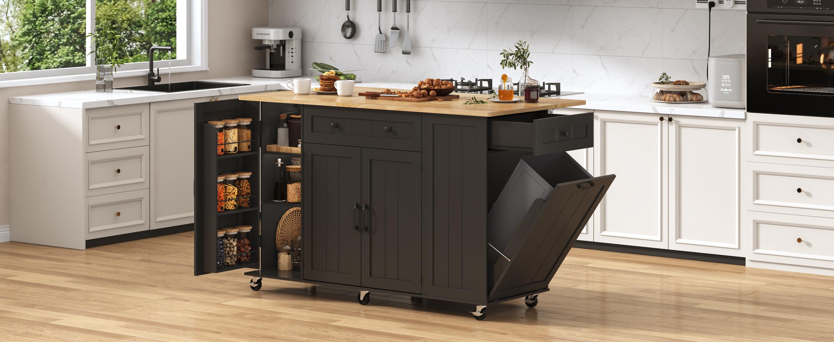 59" Rolling Kitchen Island Table on Wheels with Power Outlet & Drop Leaf, Mobile Kitchen Cart with Hidden Trash Storage Cabinet, Towel Rack for Kitchen