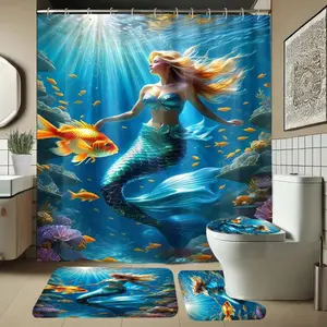 Mermaid Pattern Shower Curtain Set with Rug, Non-Slip Bath Mat, U-Shaped Toilet Lid Cover Pad, Bathroom Decor with Hooks