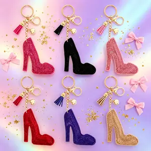 High Heels Rhinestone Tassel Keychain - Pink Glitter Shoe Charm with Gold Tone Hardware