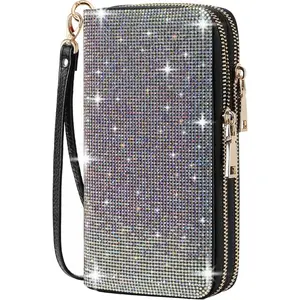 Women's Rhinestone Large Capacity Double Zipper Wristlet Clutch Purse Party Wallet Card Phone Holder
