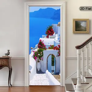 2D Greek Island Door Sticker, Sea View Poster, Wall Decor, Self-Adhesive Bright Door Sticker, Home Decoration for Bedroom, Living Room, Office