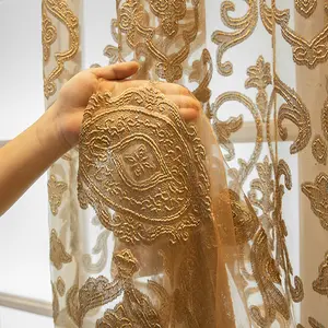 European Large Hollow Out Curtains High End Luxurious Embroidered Sheer Coffee Colored Villa Curtains