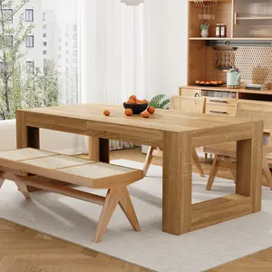 FUFU&GAGA 79" Natural Oak Dining Table, Modern Rectangular Kitchen Table with Block Legs for 6-8 People