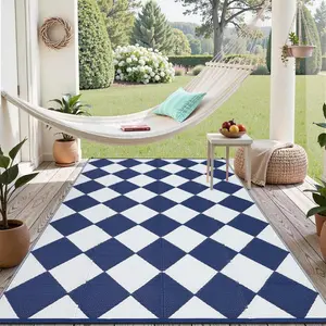 Garvee Large Outdoor Rug 9x18 - Lightweight, Waterproof, Reversible Plastic Straw Patio Mat for Camping, Backyard, Porch, Picnic, RV, Poolside, and Beach in Checkered Navy