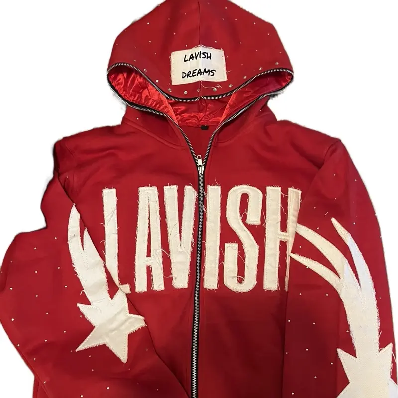 Lavish Dreams Full Zip Hoodie - Red with White Logo and Stars Design