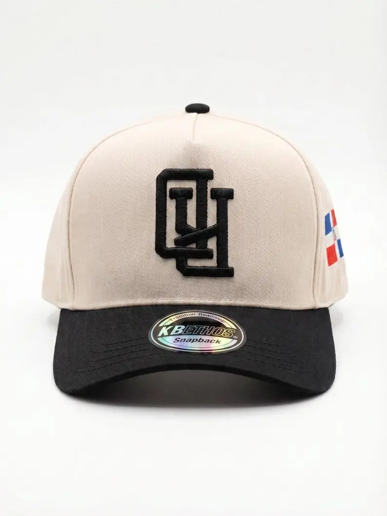 Upside Down RD Logo Snapback Hat, Dominican Republic Side Patch Cap, Beige Black Embroidered Flat Brim Hat