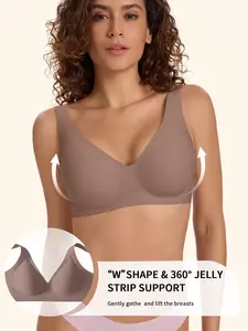 Women's Wireless Jelly Supportive Bra, Soft Comfy Bra, Deep V Design, Medium Support, Three-Quarter Cup, Casual Fitted Lined Underwear, All Seasons