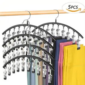 Closet Leggings Storage Rack, Metal Yoga Pants Hangers 1/2/3/4/5 Pack with 50 Clips, Holds 50 Pairs of Leggings, Hanger Space Saving Hanging Closet Storage Rack with Rubber Coated Wall Storage Rack and Storage Rack, Black