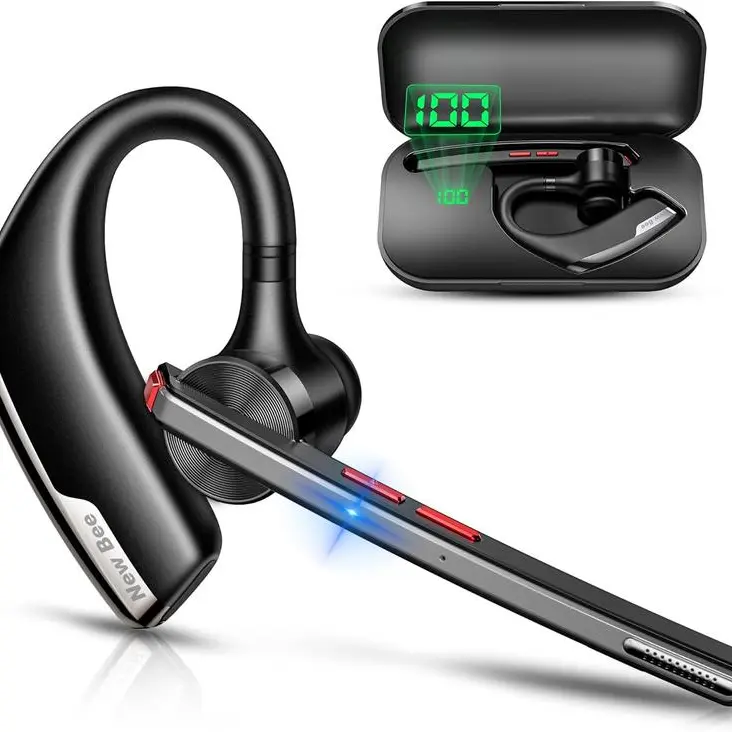 New Bee M51 Wireless Bluetooth Noise Cancelling Trucker Headset with Case - Dual-Mic ENC, 80-Hour Runtime, 500mAh Smart Charging Case, Bluetooth 5.2, Dual Device Connection, One-Touch Mute Button for Driving, Meetings, Working & Shopping