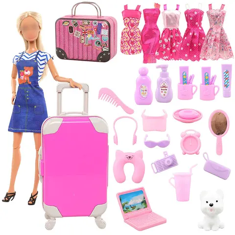 Handmade 11.5in Girl Doll Toy Luggage Set with Velcro - 1 Luggage, 5 Dresses, 21 Toiletries, Puppy Toy, 1 Computer, Travel Play Items, 30 Pcs Miniature Accessories, Easy to Use, Fashionable & Versatile Role-Playing Gift for Girls (Thanksgiving/Birthday)