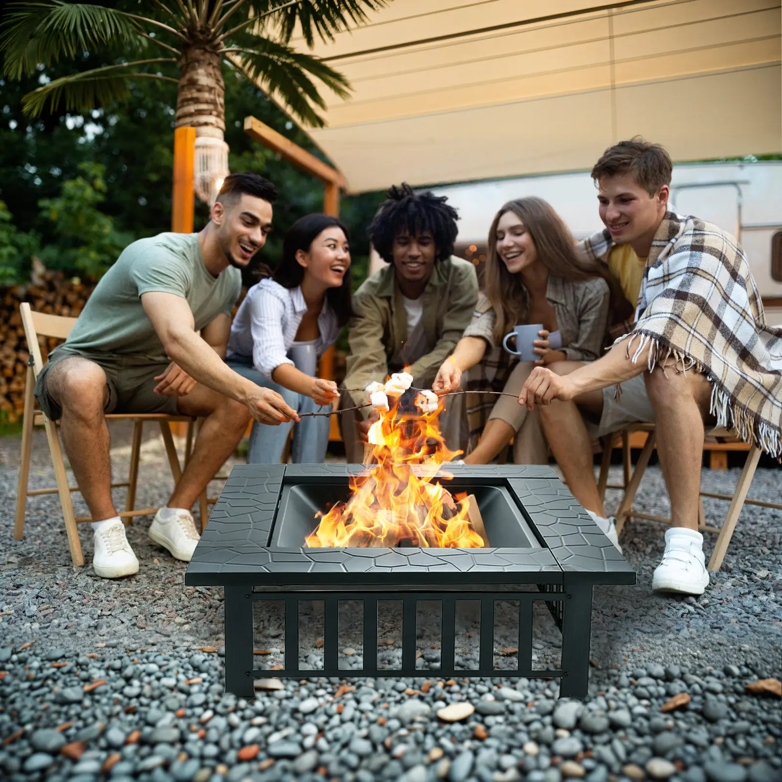Outvue Multifunctional Fire Pit Table 32 inch Square Metal Firepit Stove Backyard Patio Garden Fireplace for Camping, Outdoor Heating, Bonfire and Picnic
