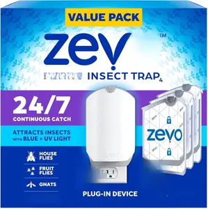 Zevo Flying Insect Trap & 3 Refill Cartridges Plug in Fly Trap Indoor Bug Catcher for Gnats House & Fruit Flies Blue UV Light Technology Mess Free Alternative to Bug Zapper Pest & Weed Control Contains Flying Insect Trap Starter Kit Outdoors Pad