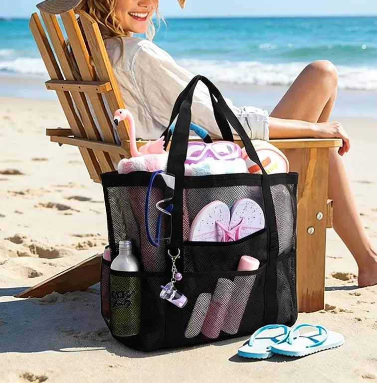 Beach Bag Large Capacity Toy Mesh Swimming Bag Multifunctional Travel Handbag Shoulder Beach Bag Swimsuit Storage Bag
