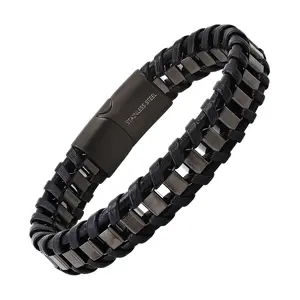 Steel By Design Men's Leather & Oxidized Chain Bracelet