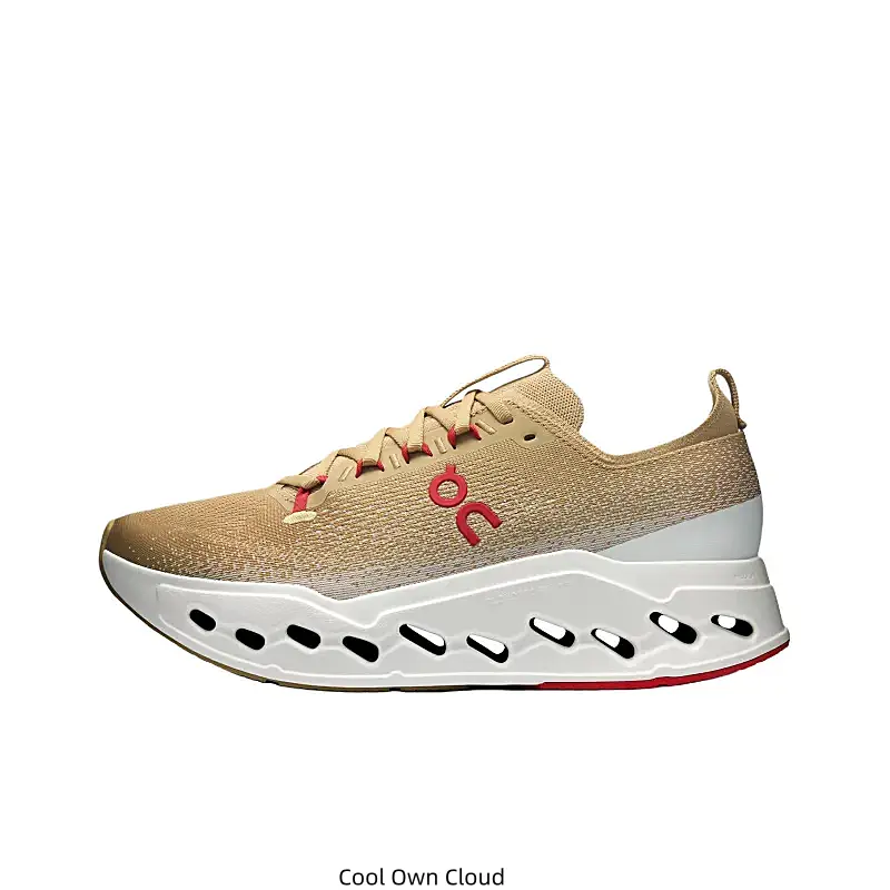 Ultra-Lightweight Breathable Knit Runners in a Stylish Sand Colorway, Featuring Eye-Catching Red Side Accents and a Sculpted Hollow Midsole, Great for All-Season Wear and Standout Casual Streetwear Looks