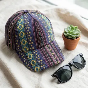 Unisex Boho Baseball Cap Vintage Ethnic Woven Sun Hat Adjustable Leather Strap Outdoor Casual Cap